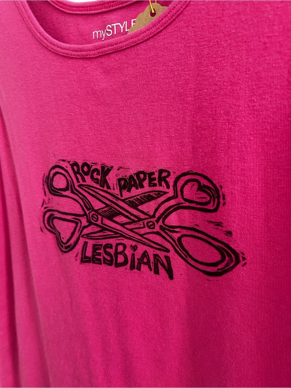 Pink 'Rock Paper Lesbian' Graphic woman Tee handprinted